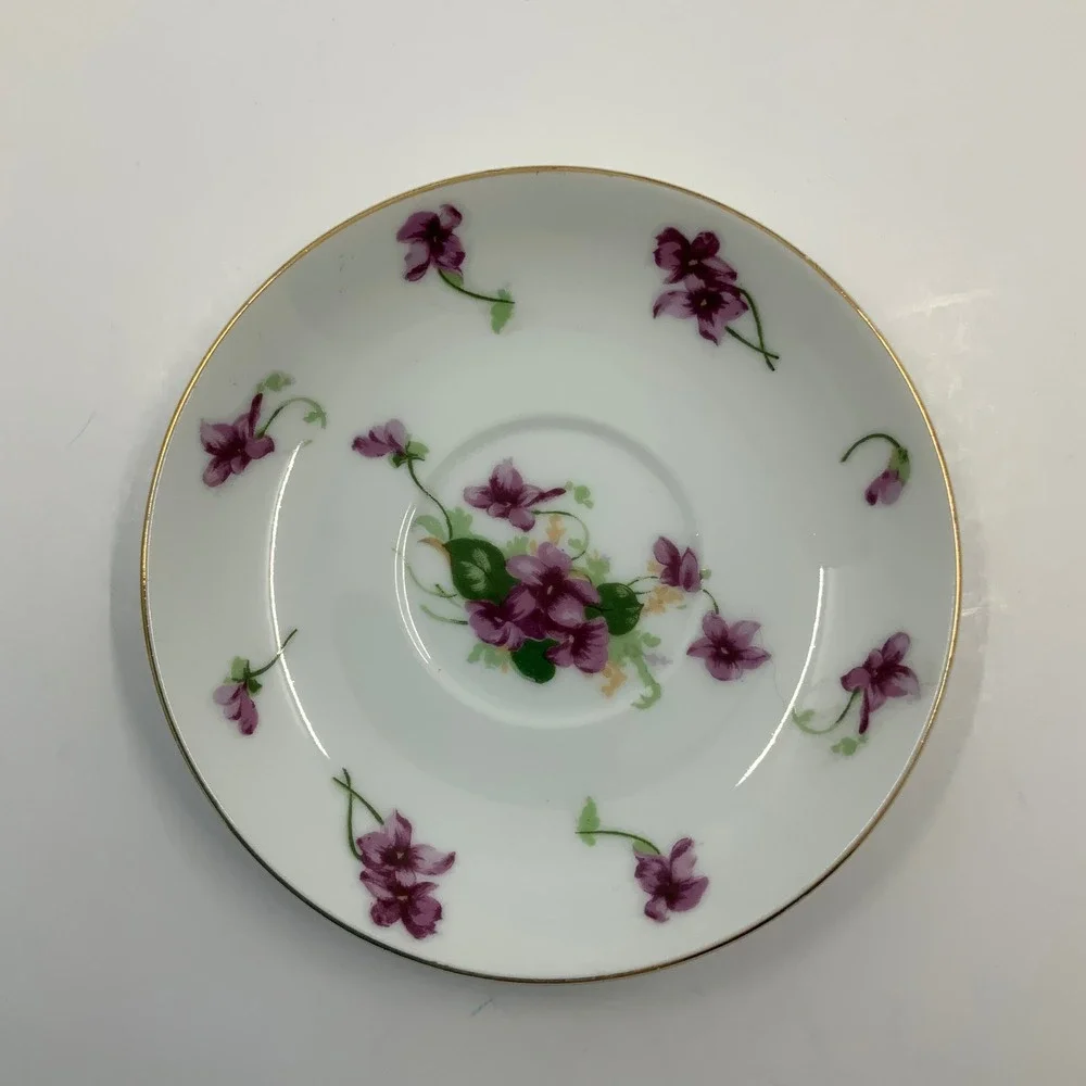 Vintage Saji Occupied Japan Fancy China Porcelain Purple Violets Saucer 4.75in